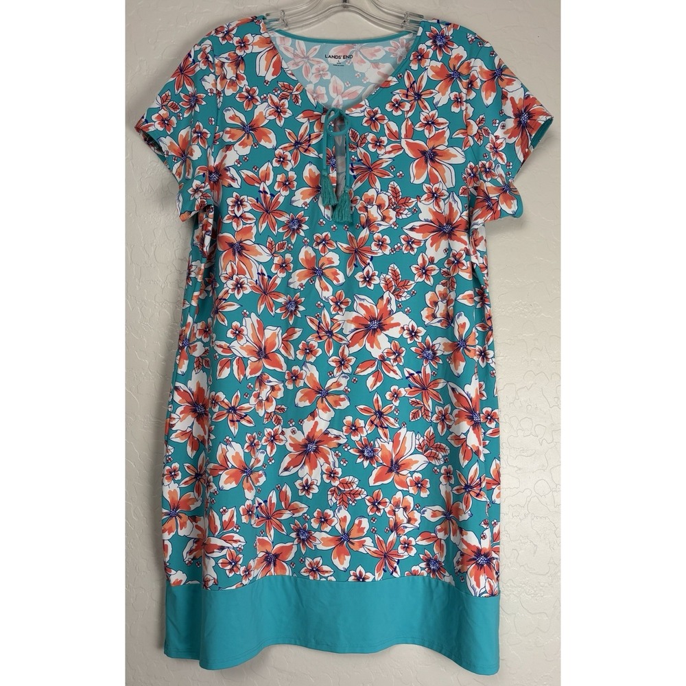 Lands End Dress Aqua Blue Orange‎ Floral Hawaiian Cover up Stretch Sz L 1974
